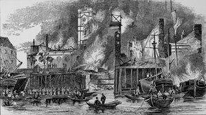 Brann ved Toppings Wharf, London Bridge, 1843, c1843, 1912. av Unbekannt