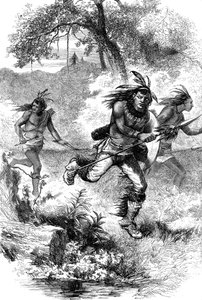 Flight of Indians etter en massakre av nybyggere, c1600-tallet c1880 av Unbekannt