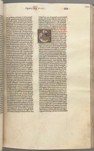 Fol. 123r, Kings III, historisk initial E, en ledsager som brakte Abishag til David..., ca. 1275-1300 av Unbekannt