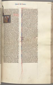 Fol. 205r, Job, historikk initial V, Job på møkkhaugen gitt en gullørering, ca. 1275-1300. av Unbekannt