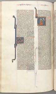Fol. 354v, Amos, historikk initial V, Amos kneler i bønn, byste av Gud over, ca. 1275-1300. av Unbekannt