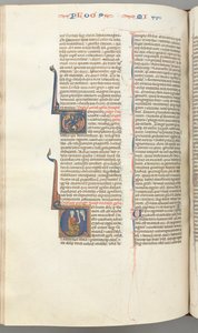 Fol. 358v, Micah, historikk initial V, Micah knelende, byste av Gud over, ca. 1275-1300. av Unbekannt