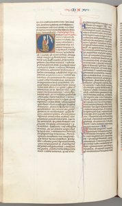 Fol. 360v, Nahum, historisk initial O, Nahum kneler med en bokrull, byste av Gud over, ca. 1275-13 av Unbekannt