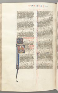 Fol. 450v, Efeserbrevet, historisk initial P, Paulus sittende med et sverd, Guds byste ovenfor, ca. 127 av Unbekannt