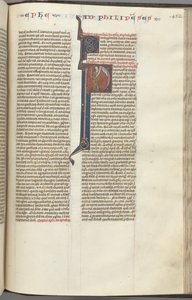 Fol. 452r, Filipperne, historikert initial P, Paulus står med et sverd og en rulle og snakker med t av Unbekannt