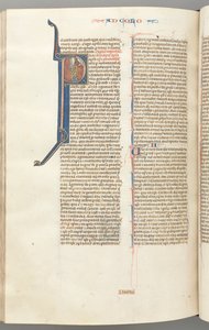 Fol. 453v, Kolosserbrevet, historikert initial P, Paulus står og snakker til Guds byste ovenfor, ca. 127 av Unbekannt
