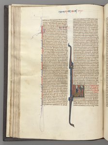 Fol. 46v, Numbers, historisk initial L, Moses med horn, knelende for Gud, ca. 1275-1300. av Unbekannt