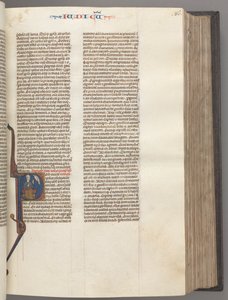 Fol. 86r, Dommere, historisk initial R, Juda sittende med en bok som snakker med Gud, ca. 1275-1300. av Unbekannt