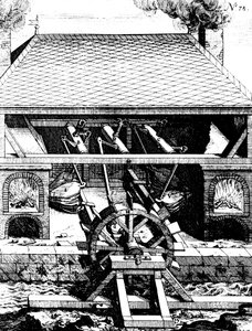 Smie med belg drevet av et underliggende vannhjul gjennom sveiver, 1673 av Unbekannt