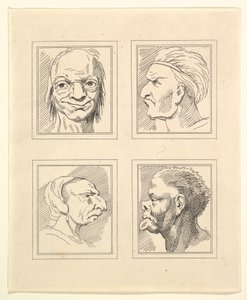Fire hoder fra Characaturas av Leonardo da Vinci, fra tegninger av Wincelslaus Hollar, o..., 1786. av Unbekannt