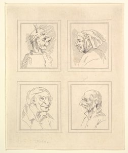 Fire hoder fra Characaturas av Leonardo da Vinci, fra tegninger av Wincelslaus Hollar, o..., 1786. av Unbekannt