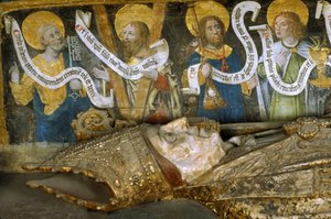 Frankrike - Somme - Avdeling 80 - Amiens - Interiør av katedralen - Lite kvad i gammel fransk teksting - "" martyrdommen til Saint Firmin"" (Firmin d'Amiens eller Pamplona, 272-303), med Saint Peter, Saint Andre og Evangelisten Joha av Unbekannt