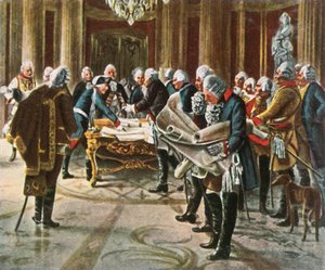Frederick den store holder et krigsråd med sine generaler, august 1756, 1936. av Unbekannt