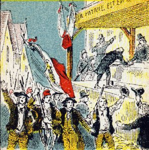 Den franske revolusjonen: revolusjonærenes frivillige sammenstøt. Gravering i "Histoire de France". Serie med reklamebilder publisert på vegne av Louit, 24 rue d