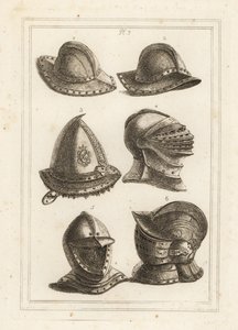 Fransk jerngrytehjelm 1,2, gravert stålhette fra 1500-tallet 3, stor lys hjelm 4, åpen hjelm 5, ornamentert hjelm med visir 6 av Unbekannt