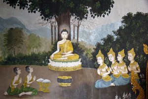 Fresco som viser en scene fra Buddhas liv i Wat Phra Doi Suthep, Chiang Mai. Buddha mottar almisser. Thailand av Unbekannt