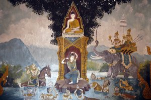 Fresco som viser en scene fra Buddhas liv i Wat Phra Doi Suthep, Chiang Mai. Phra Mae Thorani vrir det lange håret og strømmer av vann skaper en flom. Thailand av Unbekannt