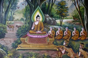 Freske som viser Buddha med tilhengere i Wat Chiang Mun, Chiang Mai. Thailand av Unbekannt