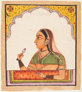 Fra en serie kvinneportretter: En dame ved et jharoka-vindu som holder en rose, ca. 1730. av Unbekannt