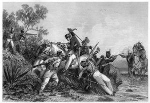 Flyktende britiske offiserer og deres familier angrepet av mytterister, 1857, c1860 av Unbekannt