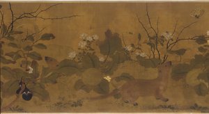 Hagescene: meloner, eggplanter, blomster og to veslinger, 1368-1644. av Unbekannt