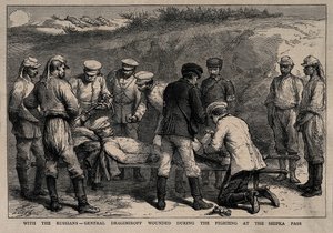 General Mikhail Dragomirov såret under slaget ved Shipka-passet, ca 1878 av Unbekannt