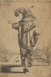 Gentleman sett fra baksiden som indikerer et landskap, etter 1629. av Unbekannt