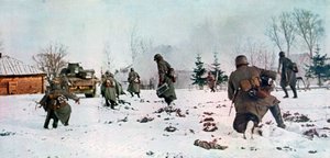 Tyske infanterister etter en stridsvogn mot Moskva i snøen, Russland, 1941 av Unbekannt