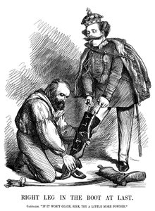 Giuseppe Garibaldi hjalp Victor Emmanuel II med å ta på seg støvelen til Italia, 1860 av Unbekannt