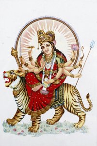 Gudinnen Sherawali (Durga) rir på en tiger Rishikesh India av Unbekannt