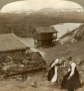 Sladder på et vertshus ved Botten, med utsikt over Voxli-sjøen - utsikt mot Haukeli-fjellet, Norge, av Unbekannt