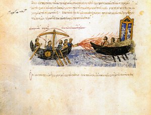 gresk ild. Miniatyr fra Madrid Skylitzes, 11.-12. århundre av Unbekannt