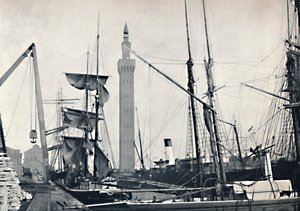 Grimsby - Utsikt over havnene, med det hydrauliske tårnet, 1895 av Unbekannt
