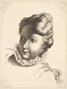Head of a Woman Wearing a Ruff, fra Livre de Têtes Gravées dapres F. Boucher et ..., 1700-tallet. av Unbekannt