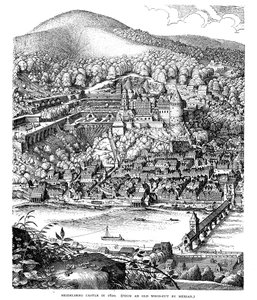 Heidelberg slott og by sett over Neckar-elven, Tyskland, i 1620 av Unbekannt