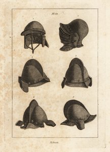 Hjelm med bever som kan åpnes ned i Tower of London 1, dobbel-stavet hjelm 2, og salg med oreillets eller øretelefoner 3-6 av Unbekannt