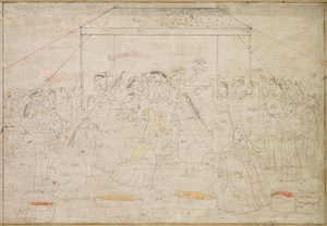 Hindu-guden Krishna blir kledd i kvinneklær for vårfestivalen Holi, ca. 1790. av Unbekannt
