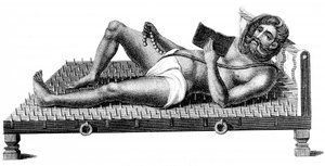 Hindufilosofen Pararum Soatuntre Perkasanund liggende på en seng av jernpigger, 1811 av Unbekannt