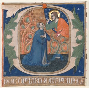 Historikert innledende O Utskåret fra et antifonarium: The Donor, Gorus Fucci, Kneels before Christ, c av Unbekannt