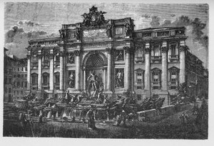 Historien om det gamle Roma. Trevifontenen er en fontene i Trevi-distriktet i Roma, Italia, designet av den italienske arkitekten Nicola Salvi og ferdigstilt av Pietro Bracci. av Unbekannt