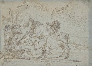 Hest, okse, løve og villsvin, 1600-tallet. av Unbekannt