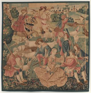 Hunting and Pastoral Scenes, with a wreathed hero between ladies, c. 1510.    1205062   no       norwegian Successfully Translated  Original: J Translat: J 1333936 no norwegian Successfully Translated Original: Rot the beggar exclaims Romford, 1865. Artist av Unbekannt