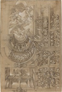 Illusjonistisk tak med druearbor, figurer på plass i gallerier og en sentral..., ca. 1570158 av Unbekannt