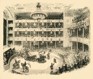 Interiør av Astleys Amphitheatre i 1843, c1878. av Unbekannt