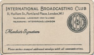 International Broadcasting Club: Medlemskort, c1930-tallet av Unbekannt