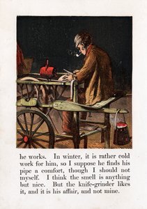 Omreisende knivsliper som sliper et blad ved å dreie et slipehjul med en tråkke, c1867 av Unbekannt