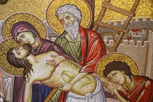 Jesus ned fra korset, Detalj av mosaikkkunst som skildrer begravelsen av Jesus Kristus, Den hellige gravs kirke, Jerusalem, Israel av Unbekannt