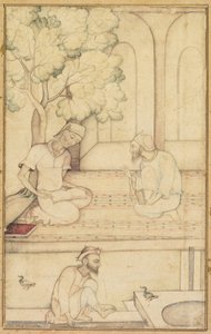 Kabir og to følgere på en terrasse recto, kalligrafi verso, ca. 1610-1620. av Unbekannt