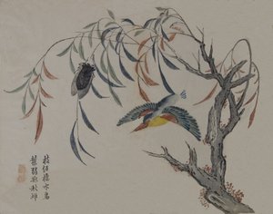 Kingfisher, Cicada og Willow Tree, 1800-tallet. av Unbekannt