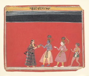 Krishna aksepterer et tilbud fra den pukkelryggede kvinnen Trivakra..., ca. 1650. av Unbekannt